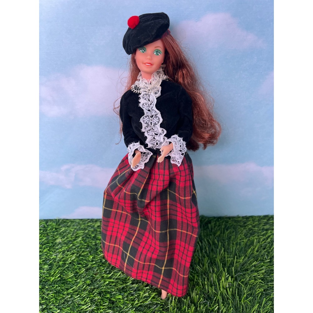 Vintage Barbie Scottish Tartan Plaid Outfit Black Velvet Lace Auburn Hair